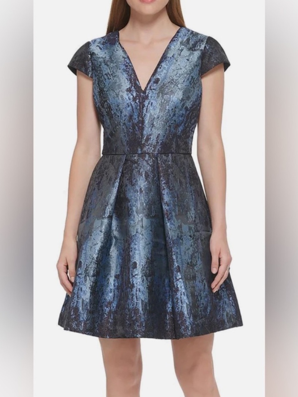 NWT Vince Camuto Metallic Blue-Black Abstract Jacquard Fit & Flare Dress, 10